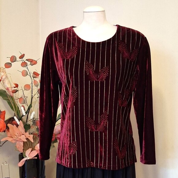 NWT Scoop Neck Wine-red Burgundy Embroidered Blouse Long Sleeve Women’s Top 12 - Picture 1 of 9